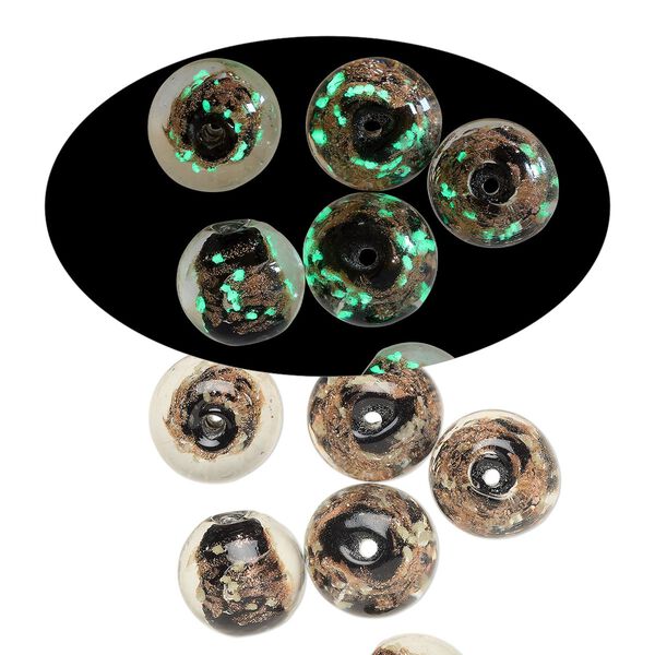 Bead, lampworked glass, clear / black / glow-in-the-dark / gold, 12mm round. Sold per pkg of 6. image number 0