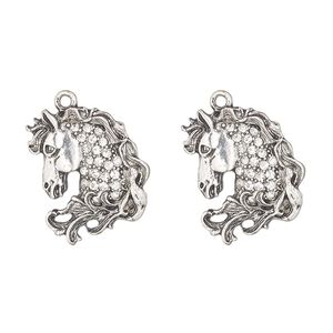 Charm, antique silver-finished "pewter" (zinc-based alloy) and glass, clear, 23x21mm single-sided horse head. Sold per pkg of 2.