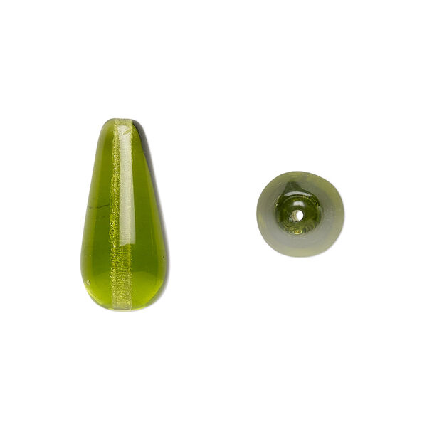 Bead, Czech pressed glass, olivine, 20x9.5mm teardrop. Sold per 15-1/2" to 16" strand, approximately 20 beads. image number 0