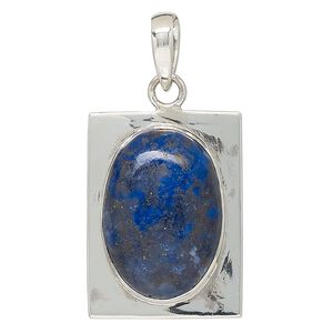Pendant, lapis lazuli (natural) and sterling silver, 32x24mm rectangle. Sold individually.
