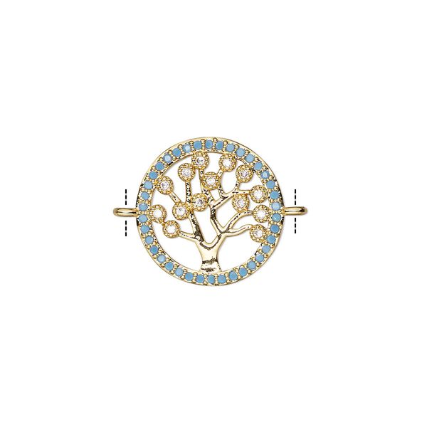 Link, cubic zirconia and gold-finished brass, clear and blue, 15mm single-sided round with tree of life design. Sold individually. image number 0