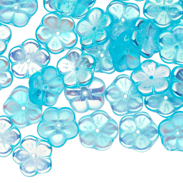 Bead cap, Czech pressed glass, aqua AB, 10x3mm flower, fits 8-10mm bead. Sold per pkg of 50. image number 0