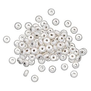 Bead, silver-plated brass, 4.5x2.5mm corrugated rondelle. Sold per pkg of 100.