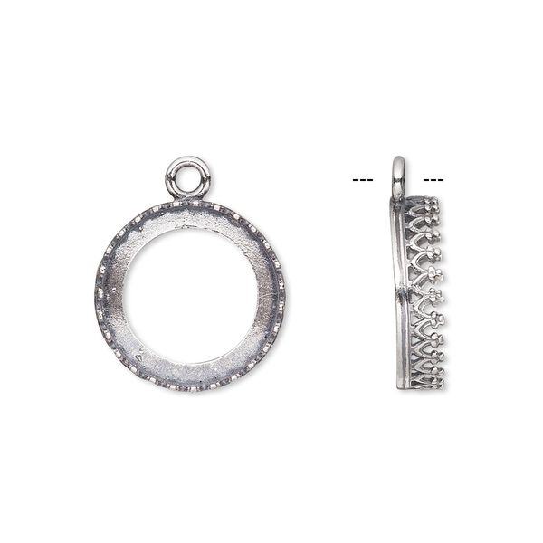 Drop, JBB Findings, antiqued sterling silver, 15.5mm open round with filigree edge, 14.5mm round bezel setting. Sold individually. image number 0