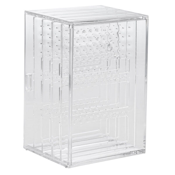 Display, earring, acrylic, clear, 9-1/2 x 6-3/4 x 5-1/2 inch box with side door and 4 slide-out panels. Sold individually. image number 0