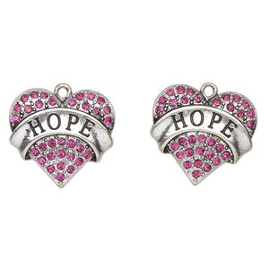 Charm, antique silver-finished enamel "pewter" (zinc-based alloy) and glass, fuchsia and black, 24x23mm heart with "Hope". Sold per pkg of 2.