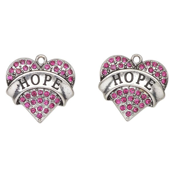 Charm, antique silver-finished enamel "pewter" (zinc-based alloy) and glass, fuchsia and black, 24x23mm heart with "Hope". Sold per pkg of 2. image number 0