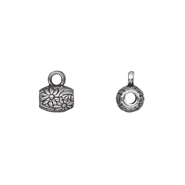 Bead, antique silver-plated "pewter" (zinc-based alloy), 8x6mm double-sided oval with flower design and loop. Sold per pkg of 20. image number 0