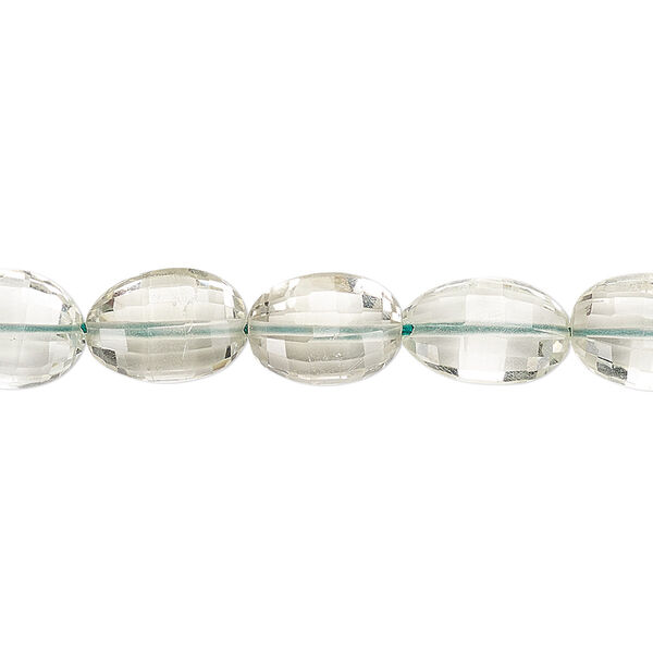 Bead, green quartz (heated), 9x6mm-14x10mm graduated hand-cut faceted puffed oval with 0.4-1.4mm hole, B+ grade, Mohs hardness 7. Sold per 8-inch strand. image number 0