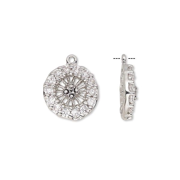 Drop, cubic zirconia and antique silver-plated bronze, clear, 14mm single-sided round wheel and 2mm faceted round. Sold individually. image number 0