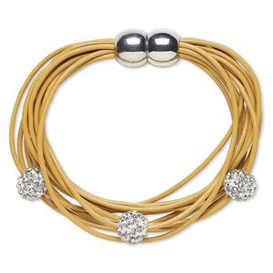 Bracelet, 10-strand, leather (dyed) / glass rhinestone / silver-plated "pewter" (zinc-based alloy), tan and clear, 10mm round, 6 inches with magnetic clasp. Sold individually.
