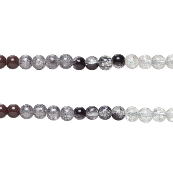 Bead, crackle glass, translucent grey / black / clear, 8-8.5mm round. Sold per pkg of (2) 7-inch strands, approximately 50 beads. image number 0