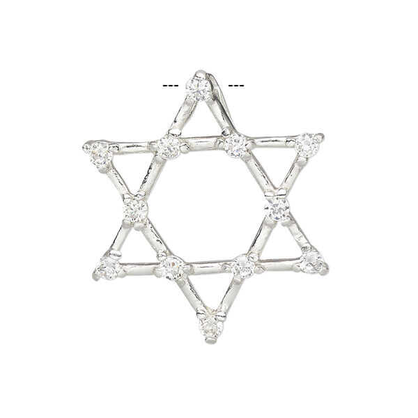 Pendant, sterling silver and cubic zirconia, clear, 29mm single-sided open Star of David with hidden bail. Sold individually. image number 0