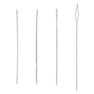 Needle set, Beadalon®, stainless steel, pkg/4, hard needles #10 (0.46mm) and #12 (0.42mm) / big-eye needle (0.022 inches) / collapsible-eye twisted wire needle (0.014 inches).
