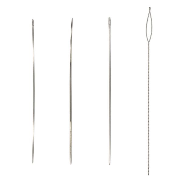 Needle set, Beadalon®, stainless steel, pkg/4, hard needles #10 (0.46mm) and #12 (0.42mm) / big-eye needle (0.022 inches) / collapsible-eye twisted wire needle (0.014 inches). image number 0