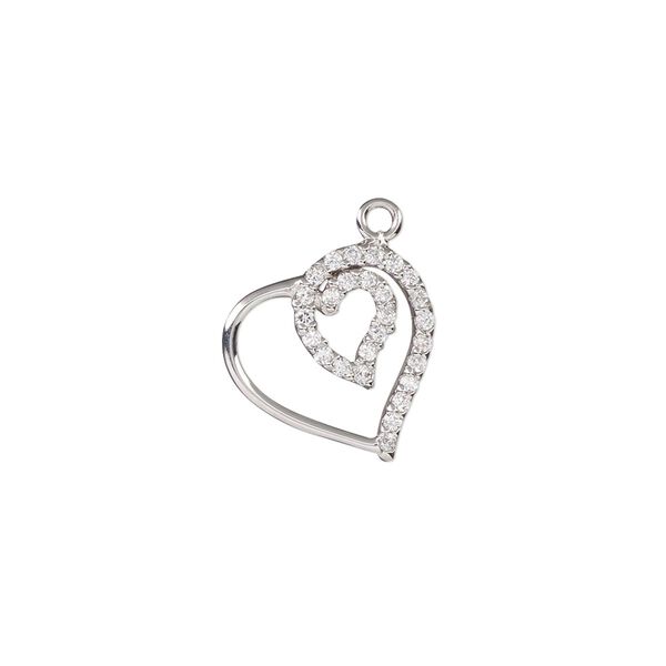 Charm, cubic zirconia and rhodium-plated sterling silver, clear, 14mm single-sided open double heart. Sold individually. image number 0