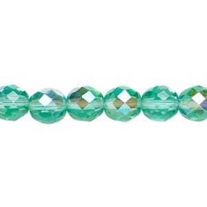 Bead, Czech fire-polished glass, light aqua AB, 8mm faceted round. Sold per pkg of 600 (1/2 mass).