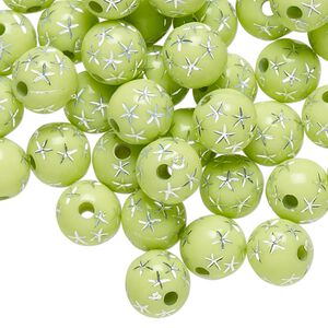 Bead, acrylic, lime green and silver, 8mm round with stars. Sold per pkg of 100.