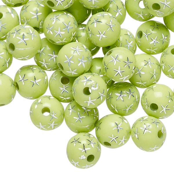 Bead, acrylic, lime green and silver, 8mm round with stars. Sold per pkg of 100. image number 0