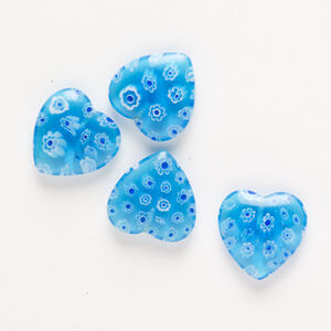 Bead, millefiori glass, pkg/4, translucent sky blue/cobalt blue/white, 18-20mm half-drilled puffed heart.