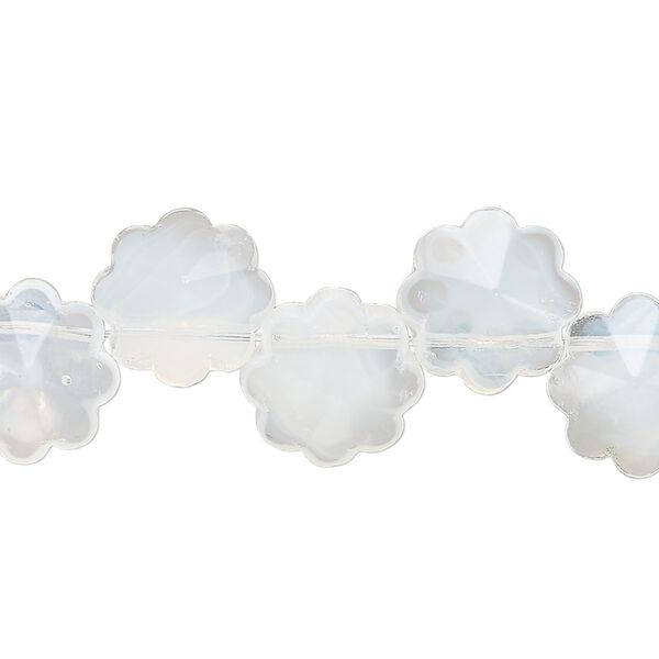 Bead, sea "opal" glass, translucent white, 12mm top-drilled faceted flower. Sold per 15-inch strand. image number 0