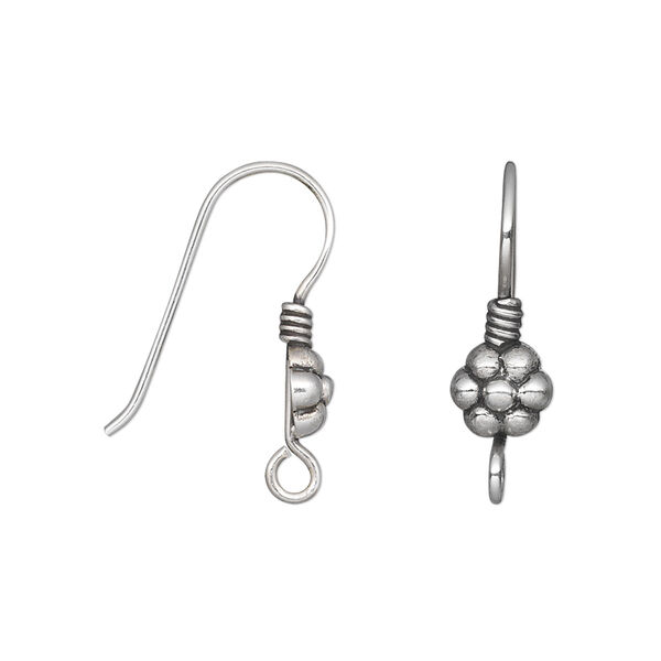 Ear wire, antiqued sterling silver, 23mm fishhook with beaded flower and open loop, 21 gauge. Sold per pair. image number 0