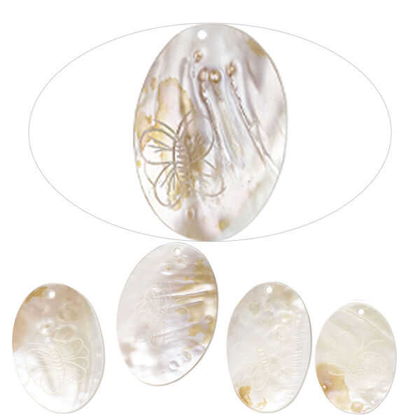 Focal, mother-of-pearl shell (natural/bleached), 58x40mm-70x52mm hand-carved oval with butterfly design, Mohs hardness 3-1/2. Sold per pkg of 5. image number 0