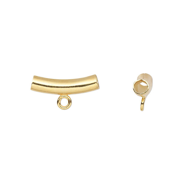 Bead, gold-plated brass, 14x4mm curved tube with loop. Sold per pkg of 20. image number 0