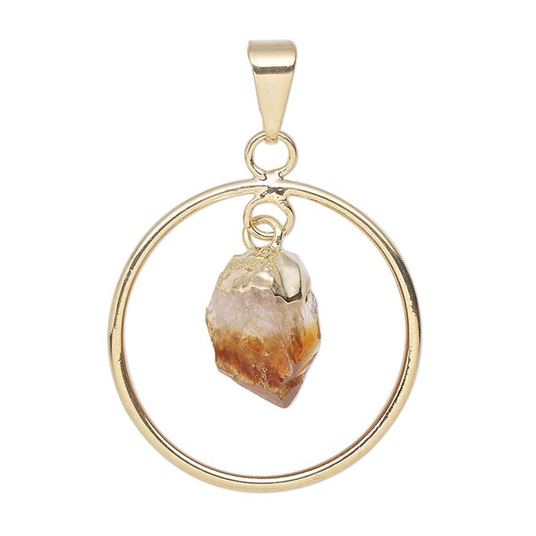Pendant, Everyday Jewelry, gold-plated brass and citrine (heated), 30x25mm-32x27mm open round. Sold individually. image number 0