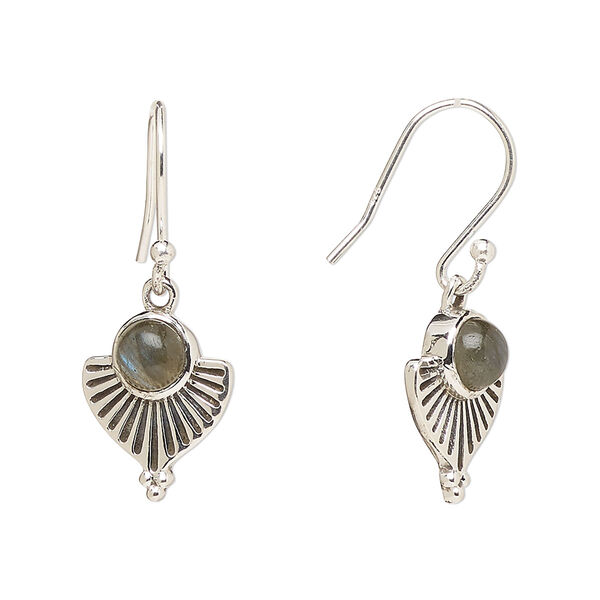 Ear wire, Create Compliments®, antiqued sterling silver and labradorite (natural), fishhook, 28mm with 14x11.5mm single-sided fan, 21 gauge. Sold per pair. image number 0
