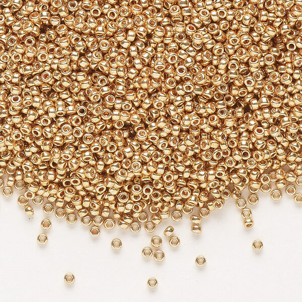 Seed bead, Miyuki, glass, pkg/250g, #15 rocaille, opaque galvanized yellow gold, (RR-1053). image number 0