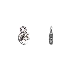 Charm, antique silver-plated "pewter" (zinc-based alloy), 8x7mm double-sided moon and star. Sold per pkg of 100.