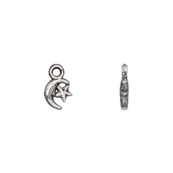 Charm, antique silver-plated "pewter" (zinc-based alloy), 8x7mm double-sided moon and star. Sold per pkg of 100. image number 0