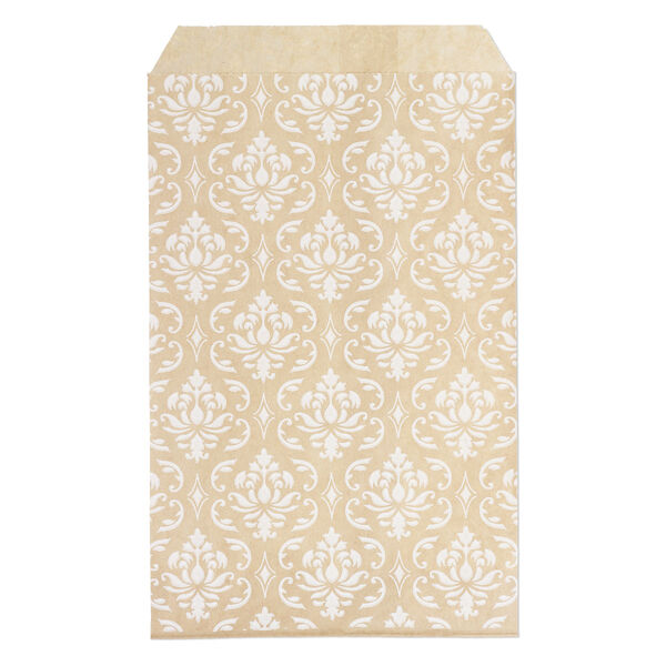 Bag, paper, brown and white, 6x4 inch rectangle with damask-print and scalloped top edge. Sold per pkg of 100. image number 0