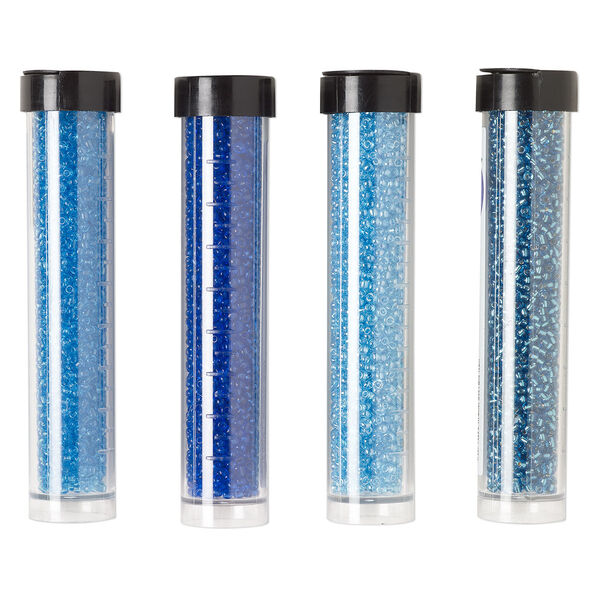 Seed bead assortment, Ming Tree™, glass, pkg/(4) 4 x 3/4 inch vials, #11 round, transparent silver-lined luster turquoise blue, ocean blue and royal blue. image number 0