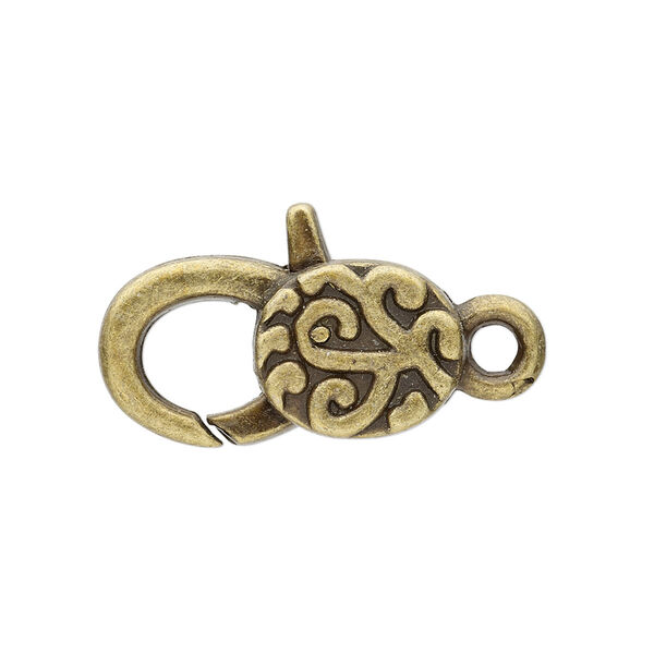 Clasp, lobster claw, antique brass-plated "pewter" (zinc-based alloy), 24.5x13mm with double-sided swirl design. Sold per pkg of 4. image number 0