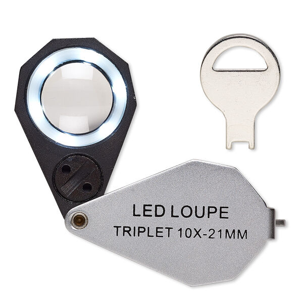 Loupe, Grobet USA®, 10x power with light, glass / steel / plastic / imitation leather, black, 3-1/4 x 1 inches open. Sold individually. image number 0