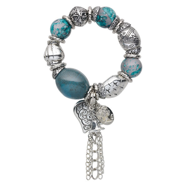 Bracelet, stretch, acrylic / ceramic / silver-coated plastic, teal and grey, 19mm round and 34x27mm oval, 6-1/2 inches. Sold individually. image number 0