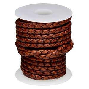 Cord, leather (dyed) 1pkg5yd, antique rust, 4mm braided round, per spool.