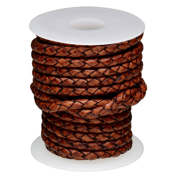 Cord, leather (dyed) 1pkg5yd, antique rust, 4mm braided round, per spool. image number 0