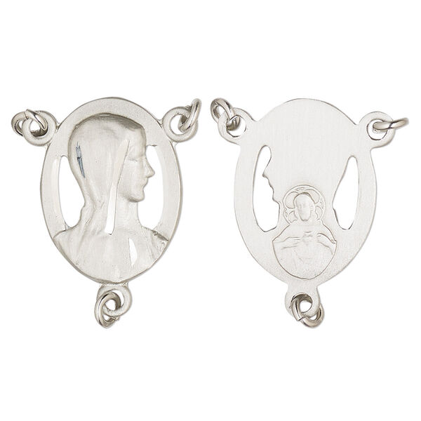 Connector, Britannia pewter (tin-based alloy), 20x15mm two-sided diamond-cut oval rosary with Madonna. Sold individually. image number 0