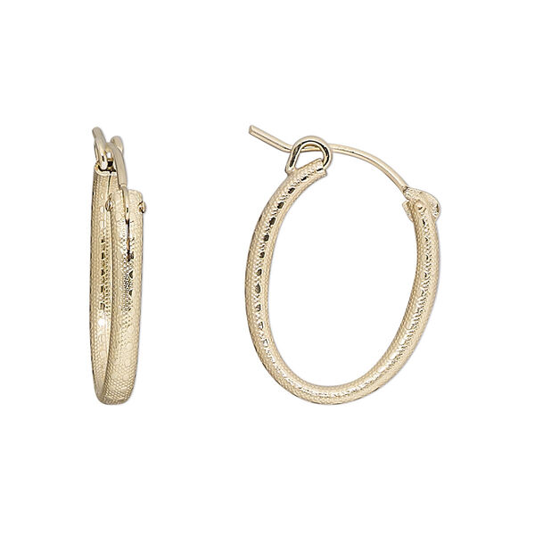 Earring, 14Kt gold-filled, 20mm textured oval hoop with latch-back closure. Sold per pair. image number 0