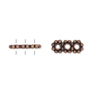 Spacer, antiqued copper, 15x6mm 3-strand beaded triple round, fits up to 4mm bead. Sold per pkg of 12.
