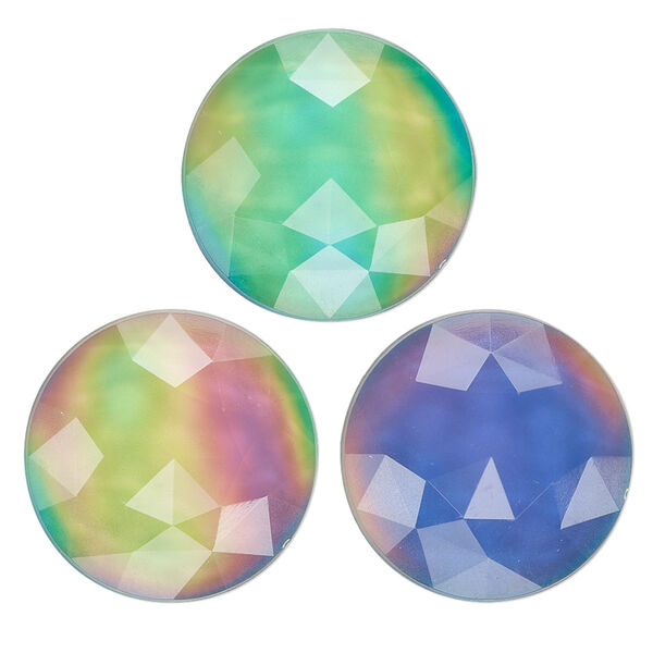 Cabochon, acrylic, multicolored, 20mm color-changing non-calibrated faceted round. Sold per pkg of 4. image number 0
