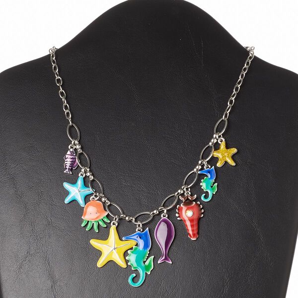 Necklace, glass rhinestone / enamel / silver-plated brass / "pewter" (zinc-based alloy) / steel, multicolored, ocean theme, 16 inches with 3-inch extender chain and lobster claw clasp. Sold individually. image number 0