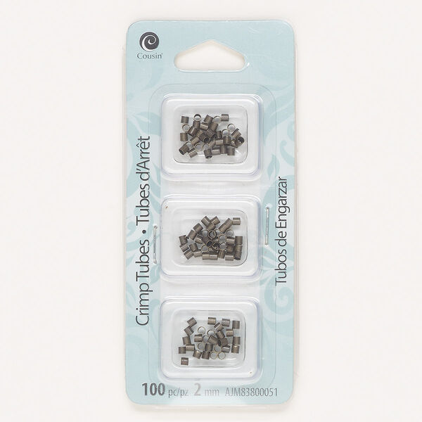 Crimp, gunmetal-finished brass, 2mm tube, 1.3mm inside diameter. Sold per pkg of 100. image number 0