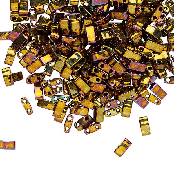 Seed bead, TILA®, glass, pkg/10g, 5x2.3mm half tila rectangle, opaque metallic rainbow golden, (HTL-462). image number 0