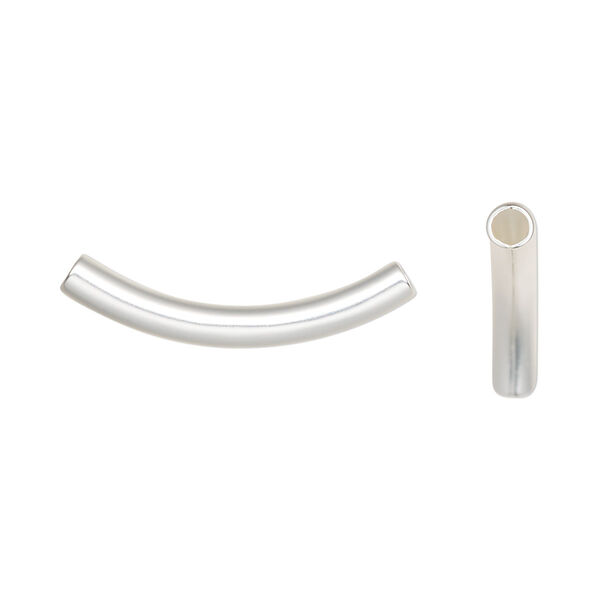 Bead, silver-plated brass with satin finish, 26x3mm curved tube. Sold per pkg of 10. image number 0
