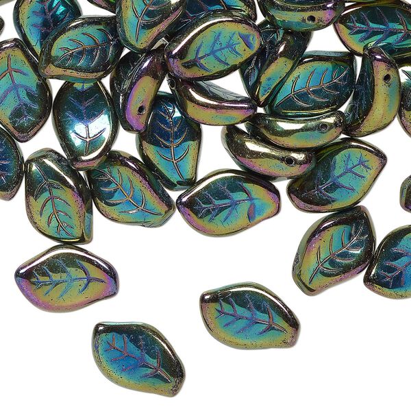 Czech pressed glass 1pkg60, top-drilled leaf bead opaque iris green 14x9mm image number 0