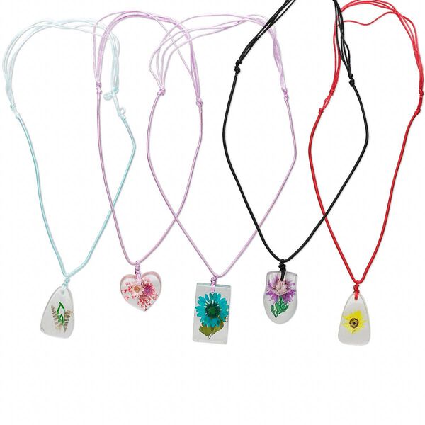 Necklace mix, resin / cotton / shell, 29x22mm-40x24mm mixed shape with flower, 16-22 inches with knot closure. Sold per pkg of 5. image number 0